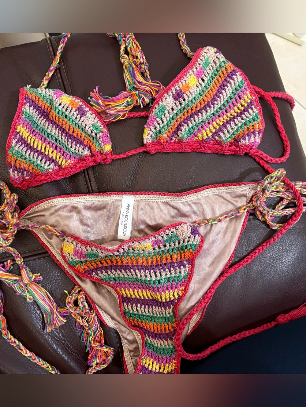 Anna Kosturova Multicolor Crochet Triangle Bikini - Pink Trim
